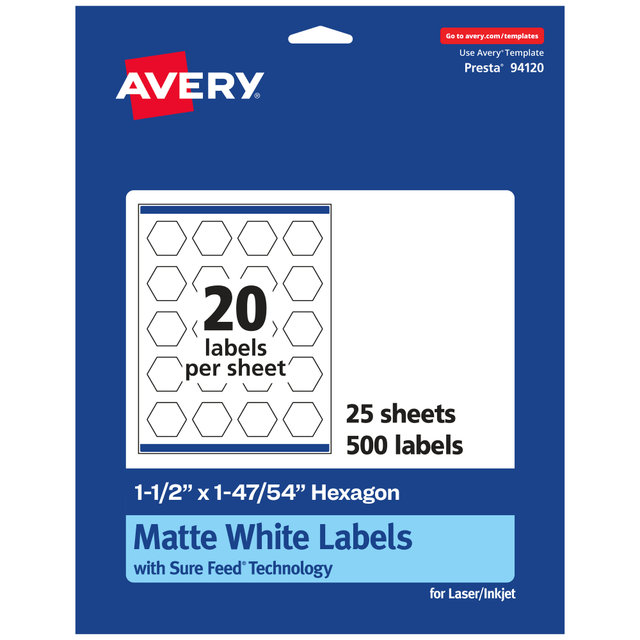 AVERY PRODUCTS CORPORATION 94120-WMP25 Avery Permanent Labels With Sure Feed, 94120-WMP25, Hexagon, 1-1/2in x 1-47/54in, White, Pack Of 500 AVERY PRODUCTS CORPORATION 94120-WMP25 Avery Permanent Labels With Sure Feed, 94120-WMP25, Hexagon, 1-1/2in x 1-47/54in, White, Pack Of 500