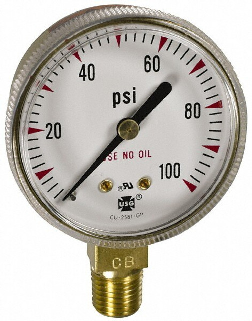 Ametek 164262A Pressure Gauge: 2" Dial, 1/4" Thread, Lower Mount