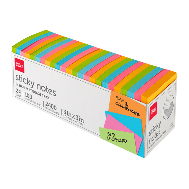 OFFICE DEPOT 21332-DEEP-24PK  Brand Sticky Notes, With Storage Tray, 3in x 3in, Assorted Vivid Colors, 100 Sheets Per Pad, Pack Of 24 Pads