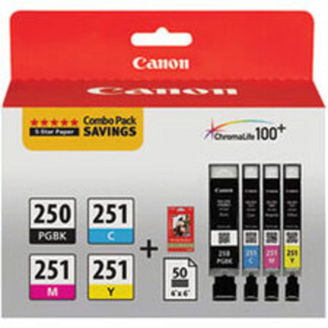 CANON USA, INC. Canon 6497B004  PGI-250BK/CLI-251CMY Black And Cyan, Magenta, Yellow Ink Tanks And Paper, Pack Of 4