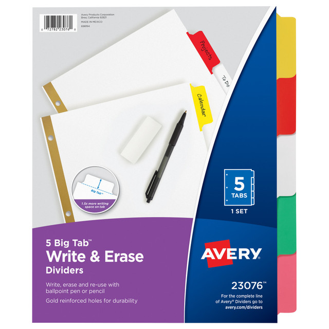 AVERY PRODUCTS CORPORATION 23076 Avery Big Tab Write-On Tab Dividers With Erasable Laminated Tabs, 5-Tab, Multicolor AVERY PRODUCTS CORPORATION 23076 Avery Big Tab Write-On Tab Dividers With Erasable Laminated Tabs, 5-Tab, Multicolor