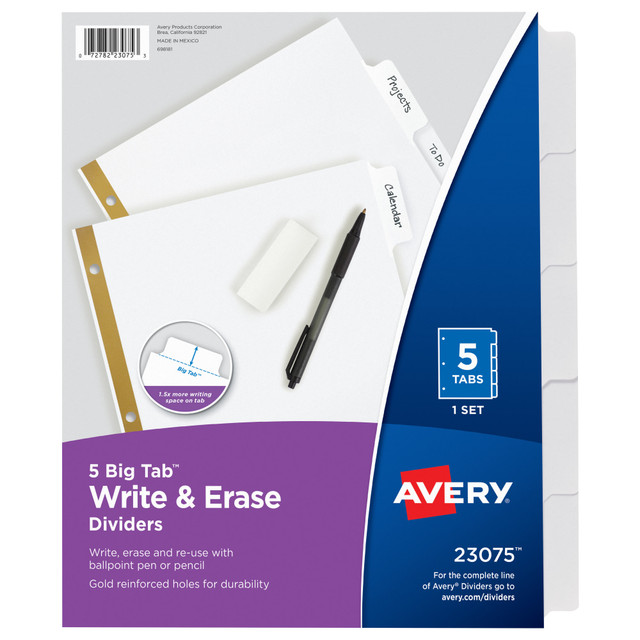 AVERY PRODUCTS CORPORATION Avery 23075  Big Tab Write-On Tab Dividers With Erasable Laminated Tabs, 5-Tab, White