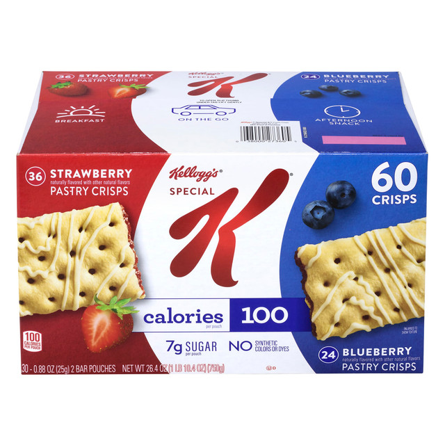 Enjoy a light, sweet breakfast on the go with Special K Pastry Crisps Variety Pack. With only 100 calories per 2 crisps, you can start your day off right.  Includes Brown Sugar Cinnamon, Strawberry and Blueberry crisps.  Light, crispy pastries are covered with vanilla icing and filled with fruity goodness.  Individually wrapped for sharing or taking the go.
