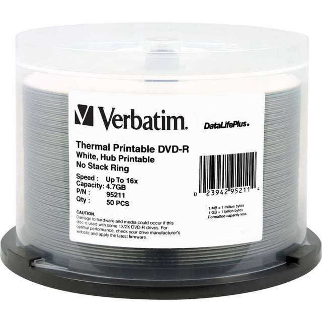 VERBATIM AMERICAS LLC Verbatim 95211  Printable DVD-R Disc Spindle, Pack Of 50