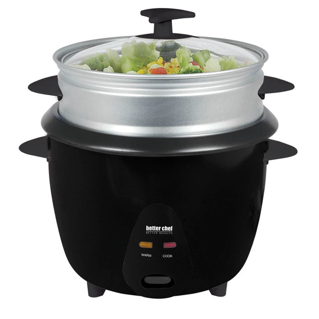 CRYSTAL PROMOTIONS Better Chef 99598021M  5-Cup Rice Cooker With Food Steamer Attachment, Black