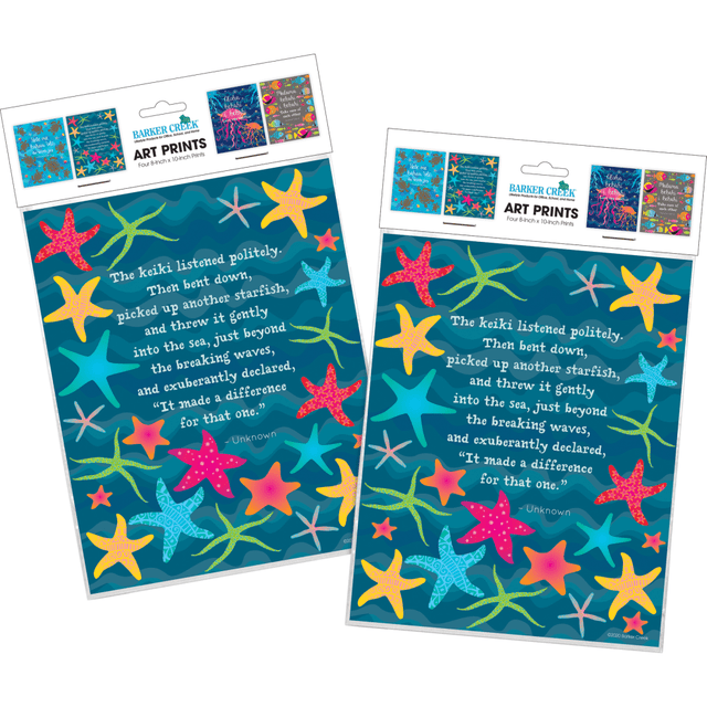 Creating a positive environment for learning can help motivate students to push past their boundaries. These colorful art prints provide kids with an inspiring quote that can spark their imaginations.  Eye-catching art prints contain motivational quotes that help inspire and stir the imaginations of your students.  Colorful art prints are suitable for framing. Frame not included.  Each piece measures 8in x 10in.  Art prints are great for the classroom, workplace or home.  Designs feature jellyfish, starfish, turtles and fish with Hawaiian sayings and quotes.