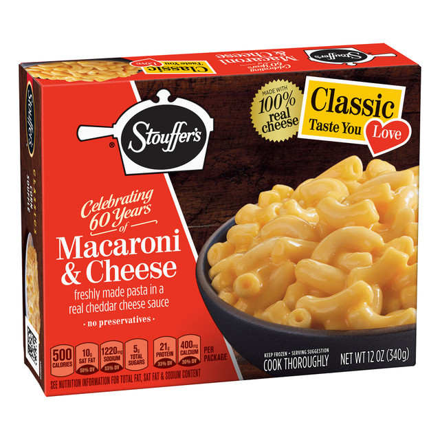 Make dinner time simple with Stouffers Classics Macaroni and Cheese. Heat up the meal in an oven or microwave for quick preparation.  Recipe uses freshly made pasta and real cheddar cheese sauce for an authentic flavor.  Can be heated in a microwave or conventional oven for easy serving.  Trans fat free.  A 6 count box of Stouffers Classics Macaroni & Cheese Meal  Made with ingredients you can feel good about for a homemade taste you will love  Use a microwave or conventional oven to dig into an easy-to-prepare family favorite  No preservatives and features quality ingredients like freshly made pasta in a real cheddar cheese sauce  An easy and convenient dinner for when you are in a rush or just simply in the mood for mac and cheese
