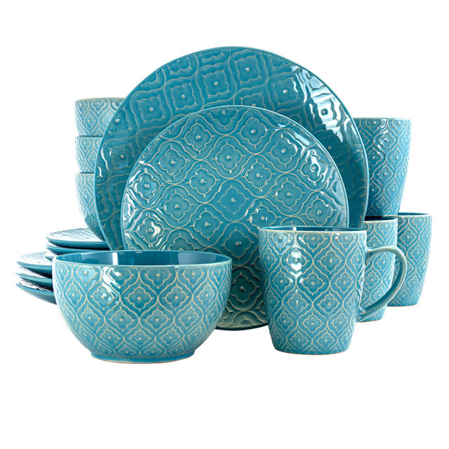 MEGAGOODS, INC. 995112663M Elama 16-Piece Stoneware Dinnerware Set, Aqua Lily