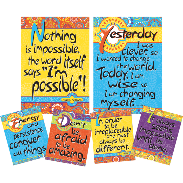 Encourage your students with a Barker Creek Art Print And Poster Set. Each piece boasts colorful designs and inspirational quotes to remind students to do their best.  Eye-catching posters and art prints contain motivational quotes and inspirational sayings.  Posters measure 19inH x 13-3/8inW and coordinating art prints measure 8in x 10in.