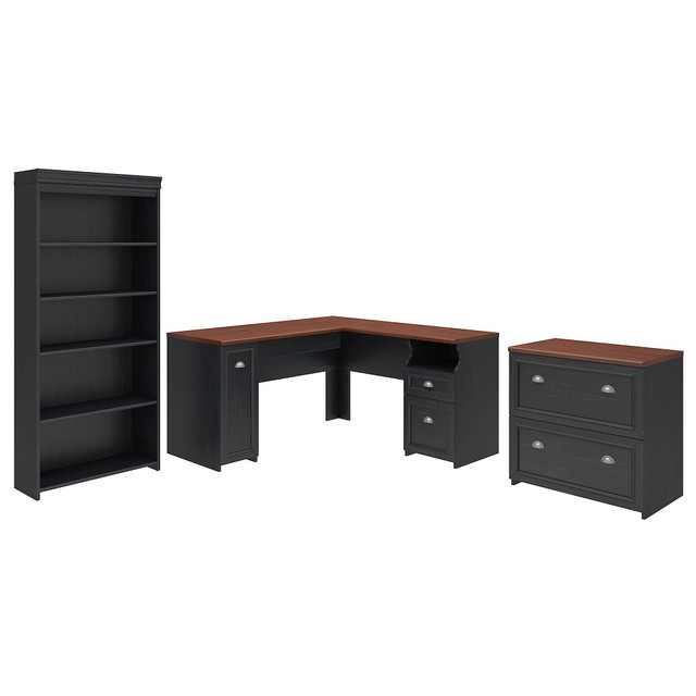 BUSH INDUSTRIES INC. FV008AB Bush Business Furniture Fairview 60inW L-Shaped Corner Desk With Lateral File Cabinet And 5-Shelf Bookcase, Antique Black, Standard Delivery BUSH INDUSTRIES INC. FV008AB Bush Business Furniture Fairview 60inW L-Shaped Corner Desk With Lateral File Cabinet And 5-Shelf Bookcase, Antique Black, Standard Delivery