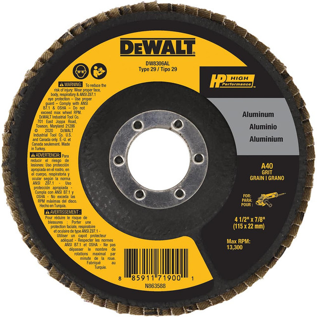 DeWALT DW8306AL Flap Disc: 7/8" Hole, 40 Grit, Aluminum Oxide, Type 29