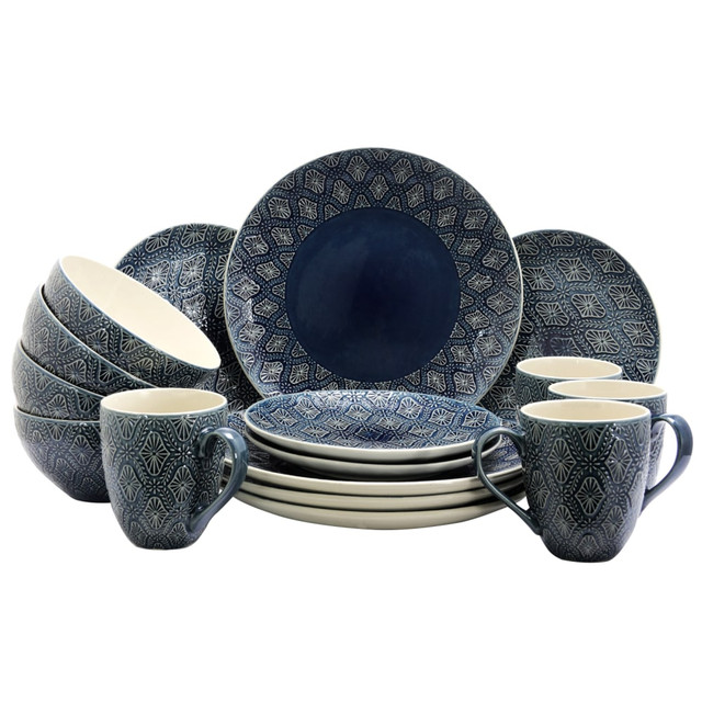 MEGAGOODS, INC. Elama 995110052M  16-Piece Stoneware Dinnerware Set, Blue