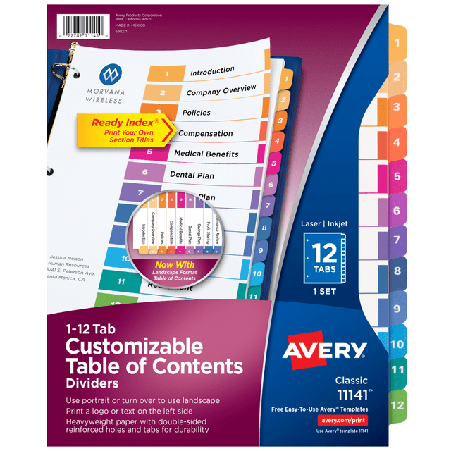 AVERY PRODUCTS CORPORATION 11141 Avery Ready Index 1-12 Tab With Customizable Table Of Contents Binder Dividers, 8-1/2in x 11in, 12 Tab, Multicolor, 1 Set AVERY PRODUCTS CORPORATION 11141 Avery Ready Index 1-12 Tab With Customizable Table Of Contents Binder Dividers, 8-1/2in x 11in, 12 Tab, Multicolor, 1 Set
