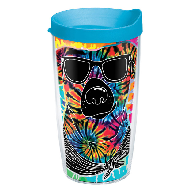 TERVIS TUMBLER COMPANY Tervis 1303000  Project Paws Tumbler With Lid, Tie Dye Dog With Sunglasses, 16 Oz, Clear/Turquoise