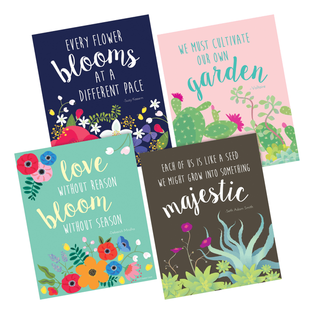 Creating a positive environment for learning can help motivate students to push past their boundaries. These colorful art prints provide kids with an inspiring quote that can spark their imaginations.  Eye-catching art prints contain motivational quotes that help nurture a positive learning environment.  Multi-design Set includes features beautiful colors and designs.  Each of the four pieces measures 8in x 10in.  These art prints are perfect for the classroom, workplace or home!  Frame them or hang them "as is"!