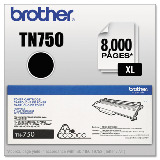 BROTHER INTL. CORP. TN750 TN750 High-Yield Toner, 8,000 Page-Yield, Black