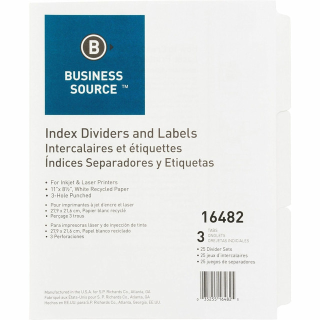 SP RICHARDS Business Source 16482  3-Hole Punched Laser Index Tabs - 3 Tab(s) - 8.5in Divider Width x 11in Divider Length - Letter - 3 Hole Punched - White Tab(s) - Recycled - Punched, Mylar Reinforcement - 25 / Box