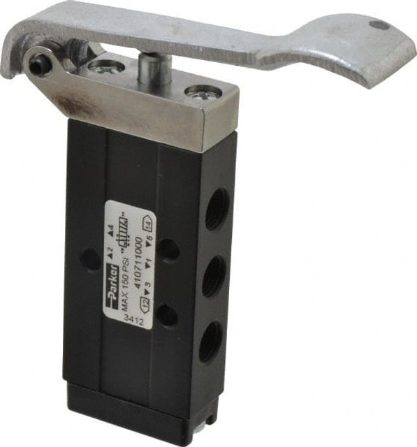 Parker 410711000 Mechanically Operated Valve: 4-Way & 2-Position, Hand Lever-Spring Return Actuator, 1/8" Inlet, 2 Position
