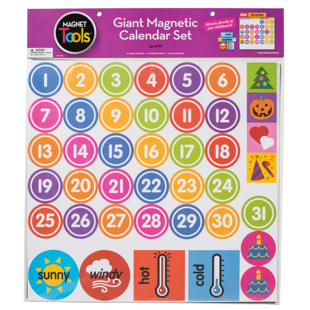 With 94 total pieces, this magnetic calendar set turns your whiteboard into your favorite teaching tool. The blank grid can be customized with magnets displaying seasons, months, holidays and more.  Add color and style to your whiteboard while helping set a class calendar.  Comes with a blank calendar grid that you can add magnets to. Includes magnets of the years, months, seasons, days, dates, birthdays, holidays, weather words and symbols and temperature symbols.  Water-resistant design can handle minor spills.