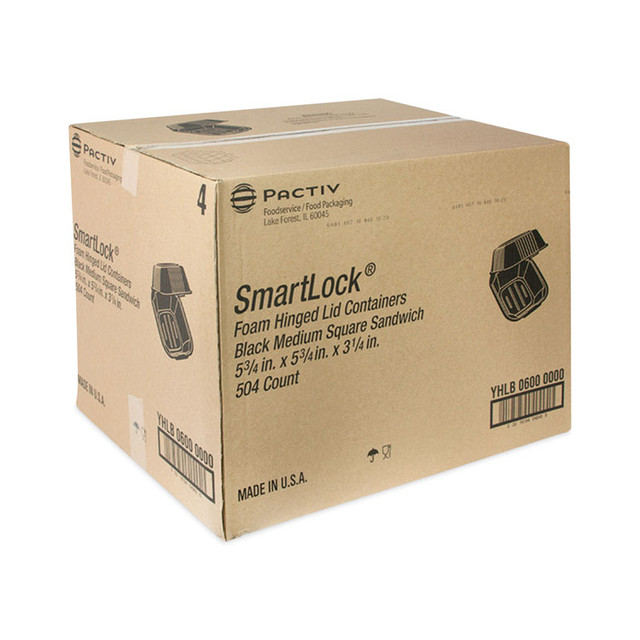 PACTIV EVERGREEN CORPORATION YHLB06000000 SmartLock Foam Hinged Lid Container, Sandwich, 5.75 x 5.75 x 3.25, Black, 504/Carton