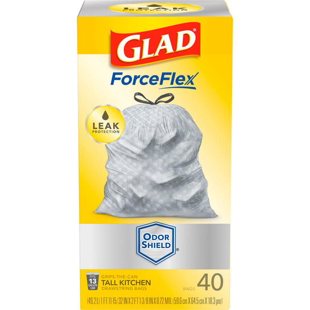 THE CLOROX COMPANY CLO79008 Glad ForceFlex Tall Kitchen Drawstring Trash Bags - OdorShield - Large Size - 13 gal - 4.24in Width x 8.36in Length x 4.24in Depth - Gray - 40/Box - Home, Office, Indoor, Outdoor, Commercial, Restaurant