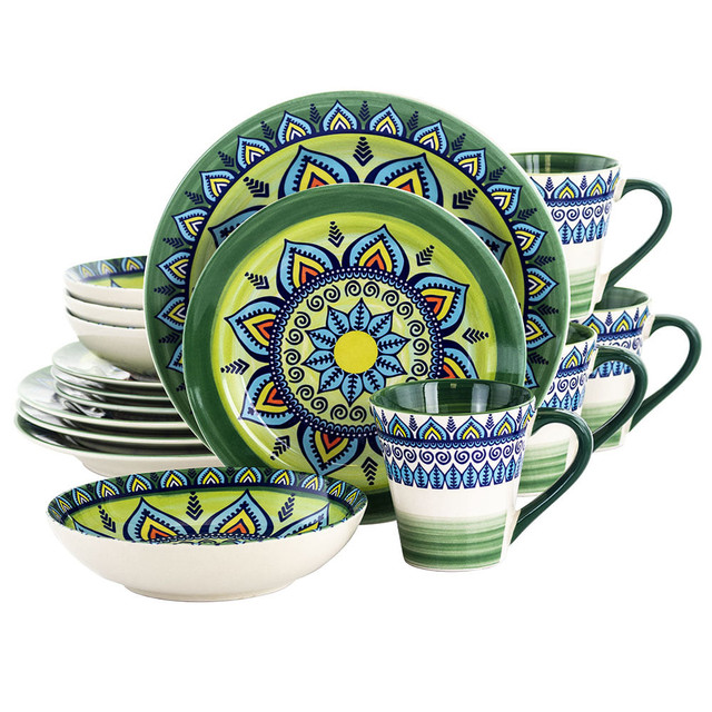 MEGAGOODS, INC. 995111819M Elama 16-Piece Stoneware Dinnerware Set, Green Mozaik
