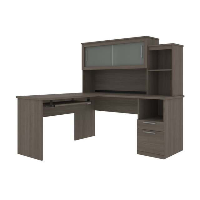 BESTAR INC. 88420-47 Bestar Dayton 63inW L-Shaped Corner Desk With Hutch, Bark Gray