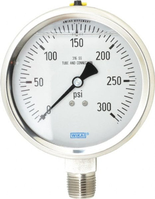 Wika 9833442 Pressure Gauge: 4" Dial, 0 to 300 psi, 1/2" Thread, NPT, Lower Mount