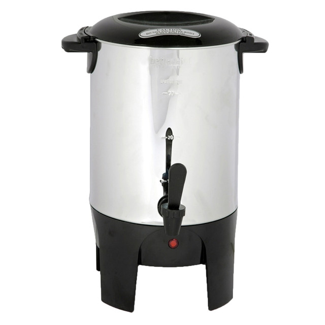 Brew enough coffee for the whole office with the Better Chef 30-Cup Coffeemaker. Its rapid brew setting offers a full carafe quickly, and the stainless steel construction provides long-lasting use.  Durable stainless steel construction.  30-cup capacity is ideal for high-traffic offices.  Non-drip spigot prevents messes.  Twist-lock cover.  Rapid brew setting.  Brew basket.  Removable cord.  Backed by the manufacturers 1-year limited warranty.