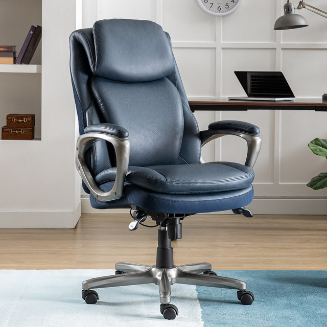 OFFICE DEPOT 51444-NVY Serta Smart Layers Arlington AIR Ergonomic Bonded Leather High-Back Executive Chair, Navy/Silver