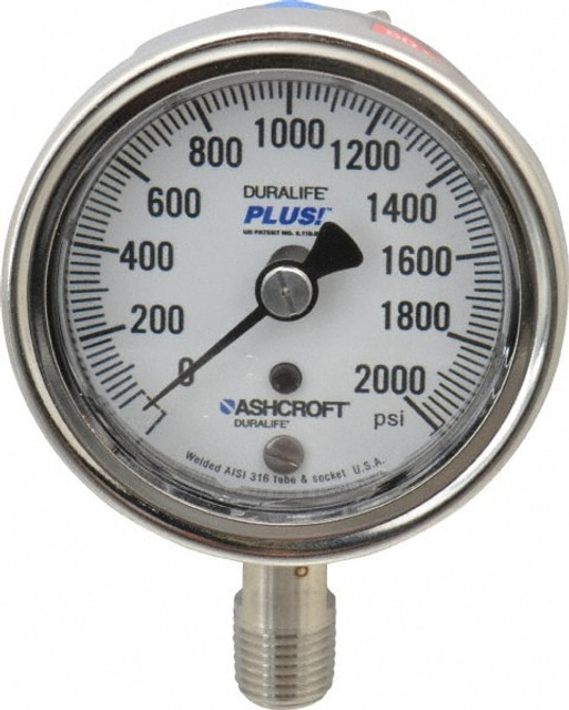 Ashcroft 94232XLL Pressure Gauge: 2-1/2" Dial, 0 to 2,000 psi, 1/4" Thread, MNPT, Lower Mount