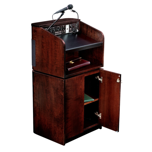 OKLAHOMA SOUND CORPORATION 950/901-MY/WT-LWM-6 Oklahoma Sound Tabletop & Base Combo Sound Lectern With Tie Clip/Lavalier Wireless Microphone, Mahogany On Walnut