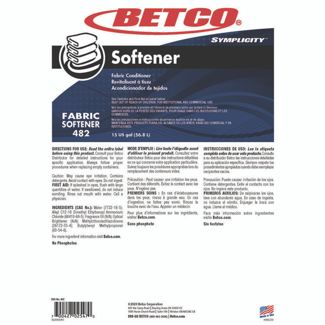 BETCO CORPORATION 4827700 Symplicity Fabric Softener, Springtime Fresh, 15 gal