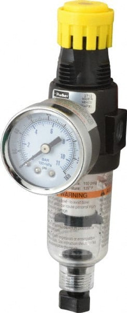Parker 14E1C00015 FRL Combination Unit: 1/4 NPT, Miniature, 1 Pc Filter/Regulator with Pressure Gauge