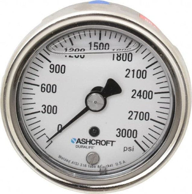 Ashcroft 83249 Pressure Gauge: 2-1/2" Dial, 0 to 3,000 psi, 1/4" Thread, NPT, Center Back Mount