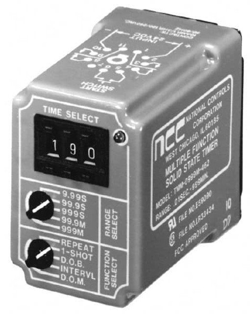 NCC TMM-0999M-467 Time Delay Relays; Timer Function: Delay On Break; Delay On Make; Interval; Repeat Cycle; Single Shot ; Maximum Delay (Hours): 16 ; Number of Timing Ranges: Multiple ; Timer Adjustment Method: Pushbutton Switch