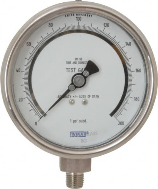 Wika 4220072 Pressure Gauge: 4" Dial, 0 to 200 psi, 1/4" Thread, NPT, Lower Mount