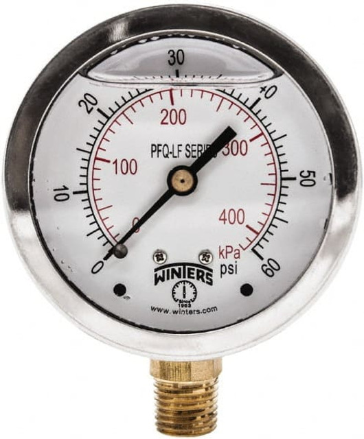 Winters PFQ803LF Pressure Gauge: 2-1/2" Dial, 0 to 60 psi, 1/4" Thread, NPT, Lower Mount