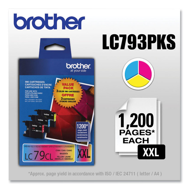 BROTHER INTL. CORP. LC793PKS LC793PKS Innobella Super High-Yield Ink, 1,200 Page-Yield, Cyan/Magenta/Yellow