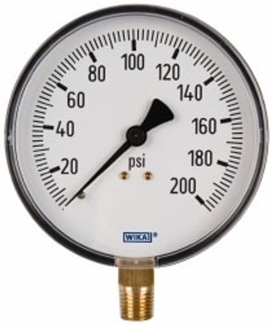 Wika 4256026 Pressure Gauge: 4" Dial, 0 to 200 psi, 1/4" Thread, NPT, Lower Mount