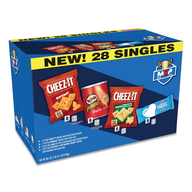 KELLOGG'S 11461 MVP Singles Variety Pack, Cheez-it Original/White Cheddar; Pringles Original; Rice Krispies Treats, Assorted Sizes, 28/Box