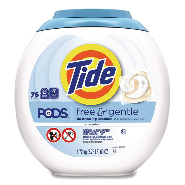 PROCTER & GAMBLE Tide® 09488CT PODS Laundry Detergent, Free and Gentle, HE Compatible, 56 oz Tub, 76 Pacs/Tub, 4 Tubs/Carton