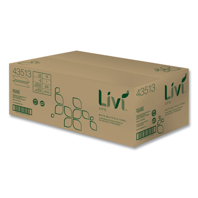 SOLARIS PAPER Livi® VPG 43513 Multifold Towel, 1-Ply, 9.45 x 9.06, White, 250 Sheets/Pack, 16 Packs/Carton