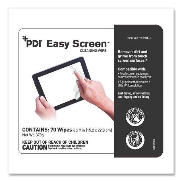 SANI PROFESSIONAL P03672 PDI Easy Screen Cleaning Wipes, 1-Ply, 9 x 6, Unscented, White, 70/Pack