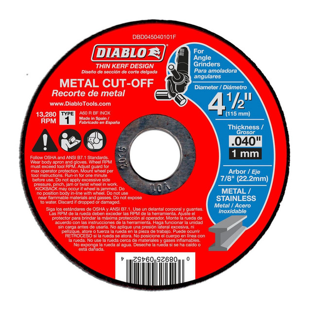 DIABLO DBD045040101F Cut-Off Wheel:  Type 1 (01/41),  4-1/2" Dia,  Aluminum Oxide