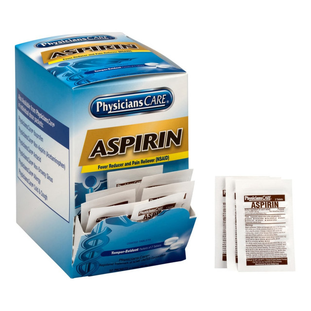 ACME UNITED CORPORATION 90014 PhysiciansCare Aspirin Pain Reliever Medication, 2 Tablets Per Packet, Box Of 50 Packets ACME UNITED CORPORATION 90014 PhysiciansCare Aspirin Pain Reliever Medication, 2 Tablets Per Packet, Box Of 50 Packets
