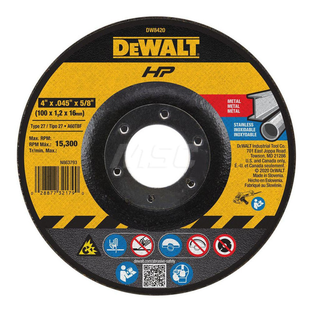 DeWALT DW8420 Depressed Center Wheel: Type 27, 4" Dia, 0.045" Thick, Aluminum Oxide