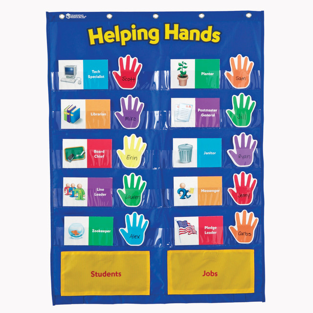 Encourages kids to pitch in around the classroom  Cheerful show of hands helps identify classroom helpers.  Made of flame-resistant nylon with grommets for easy mounting.  Measures 29 1/2in x 22in.  Includes 10 class job cards and 30 write-on/wipe-off hand cards for student names. Job cards each feature a blank side for customization.  Designed for students in kindergarten through grade 3.