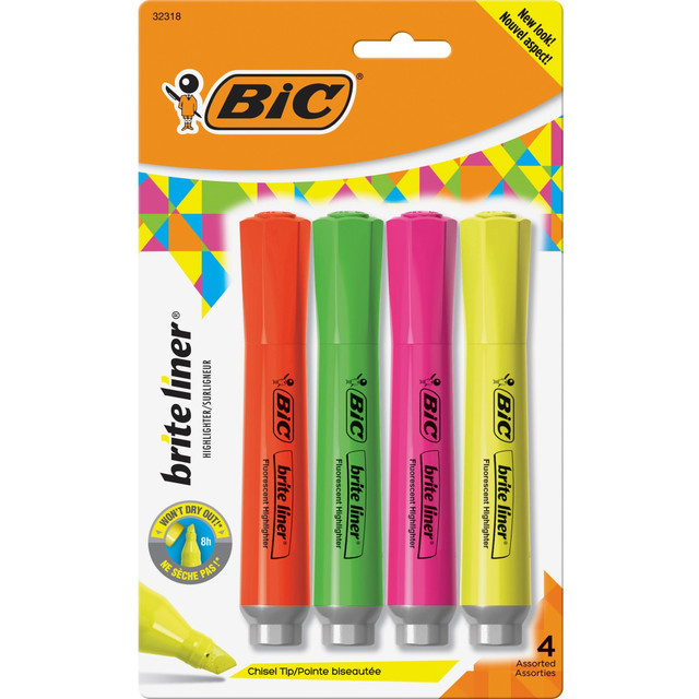BIC CORP BLMGP41ASST BIC Brite Liner Grip Highlighters, Chisel Tip, Assorted Colors, Pack Of 4 Highlighters BIC CORP BLMGP41ASST BIC Brite Liner Grip Highlighters, Chisel Tip, Assorted Colors, Pack Of 4 Highlighters