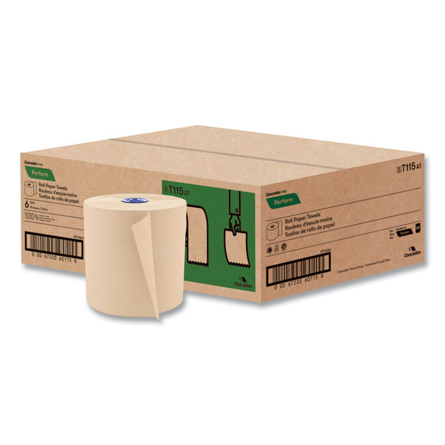 CASCADES TISSUE GROUP PRO T115 Perform Hardwound Roll Towels for Tandem Dispensers, 1-Ply, 7.5" x 775 ft, Natural, 6/Carton